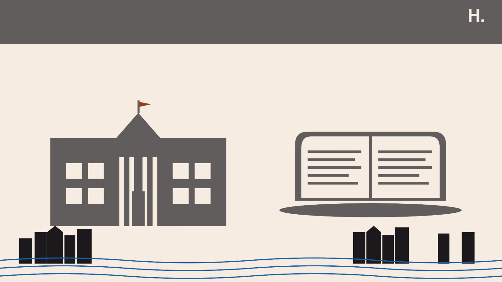 Flat illustration of a school building and open book for Cy-Fair ISD schools in Cypress Texas near Houston