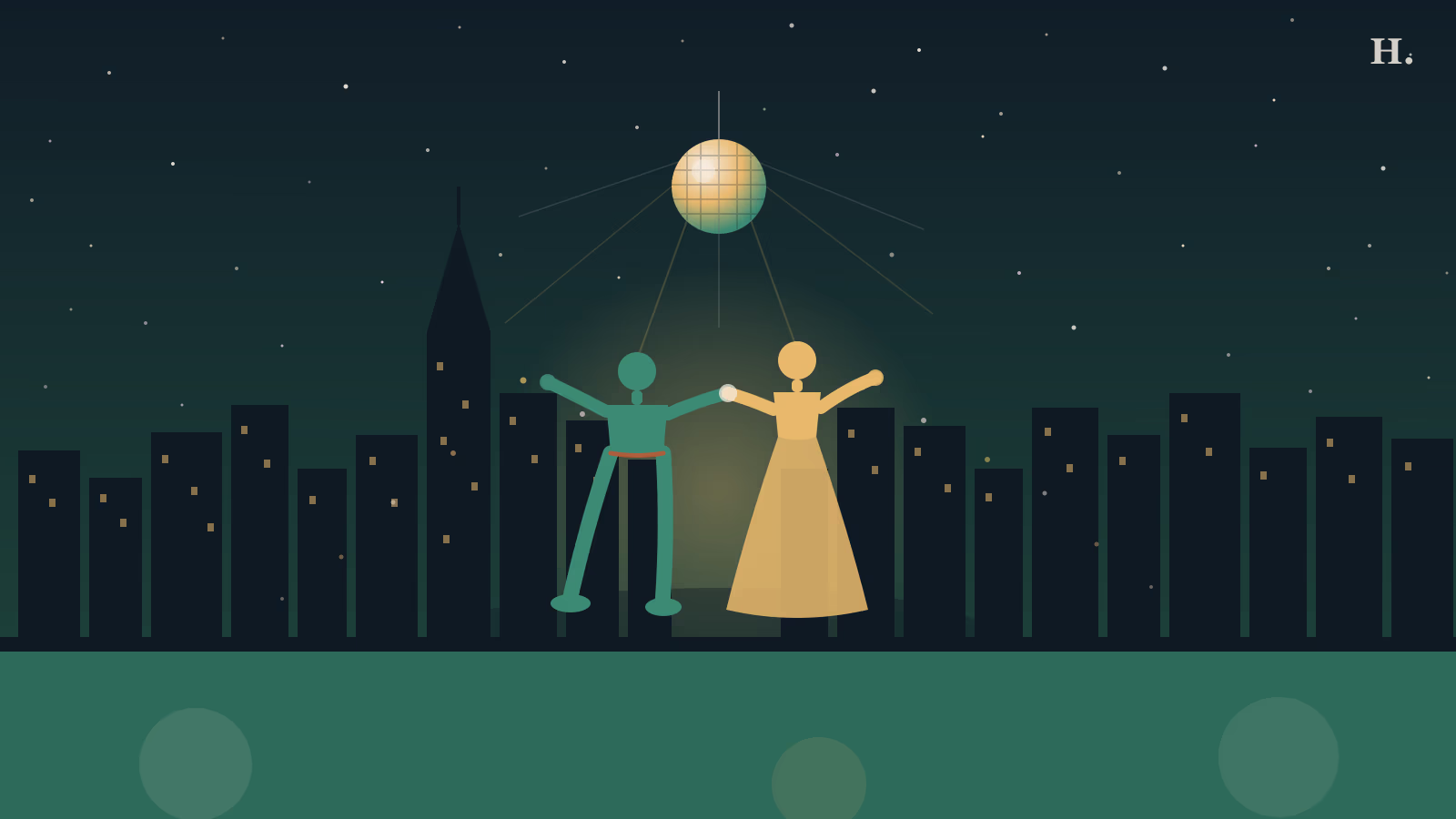Adult dance classes Houston: disco ball casting light on two dancers against the night skyline