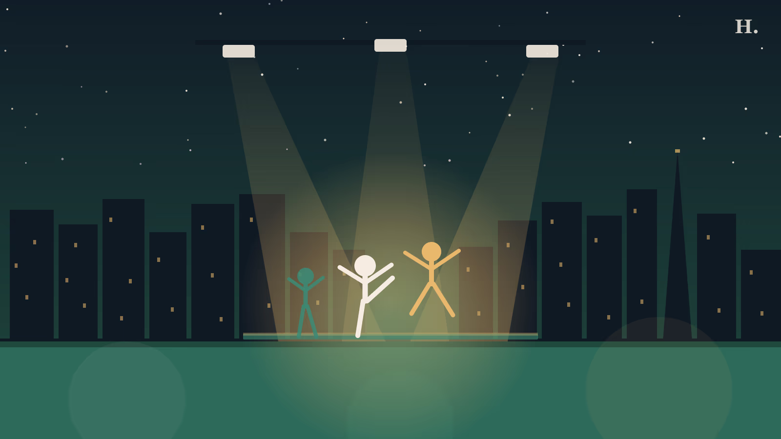 Dance Salad Festival Houston illustration: dancer silhouettes in spotlight beams against the downtown skyline at night