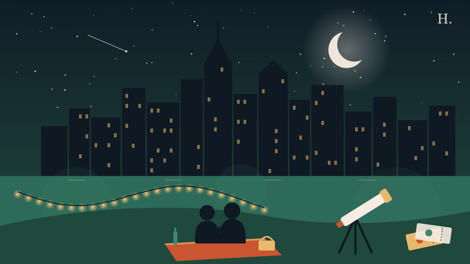 Date night Houston illustration: couple on a picnic blanket beneath the skyline, telescope nearby