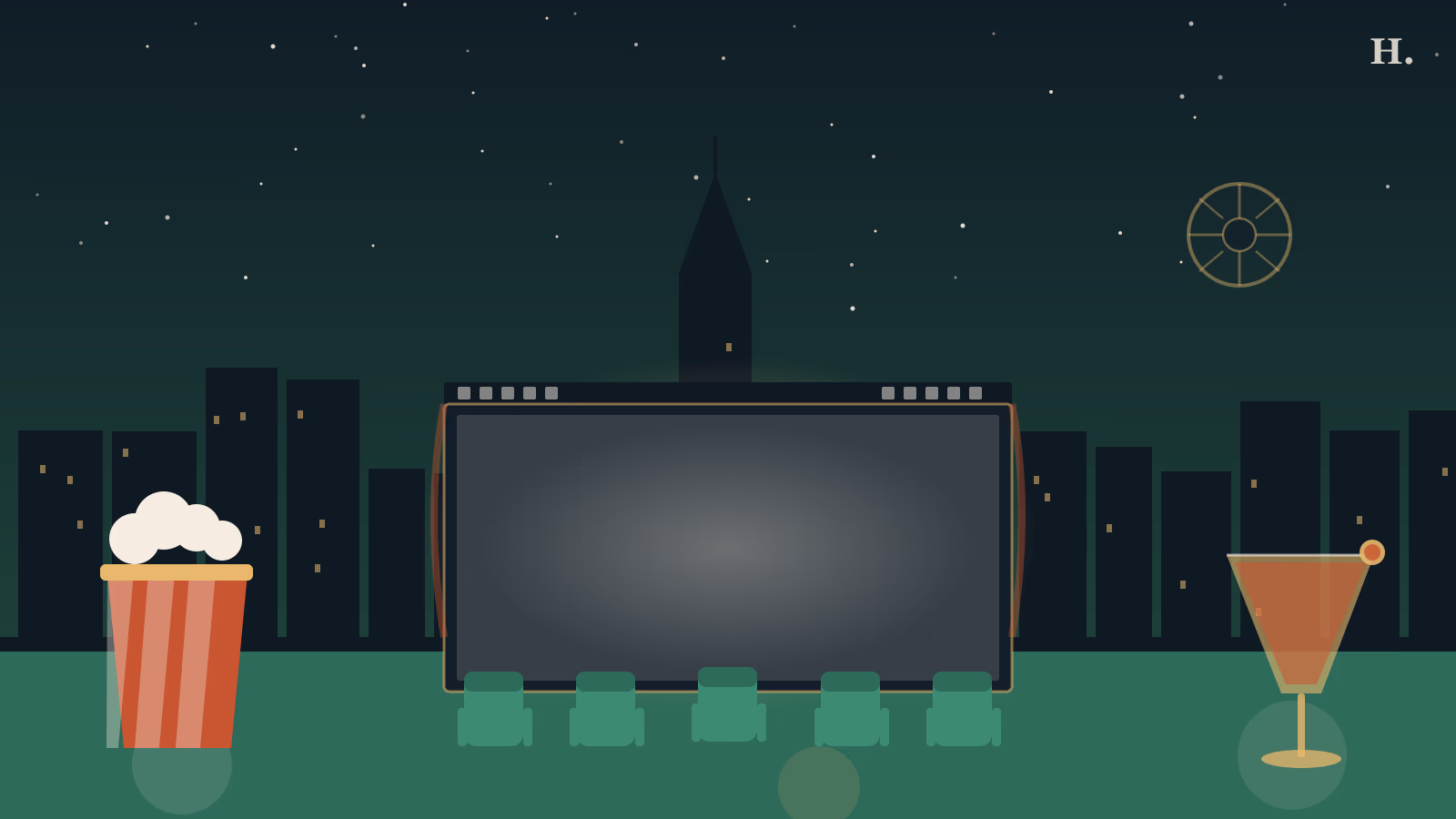 Houston dine-in movie theater: cinema screen, recliner seats and popcorn against the night skyline