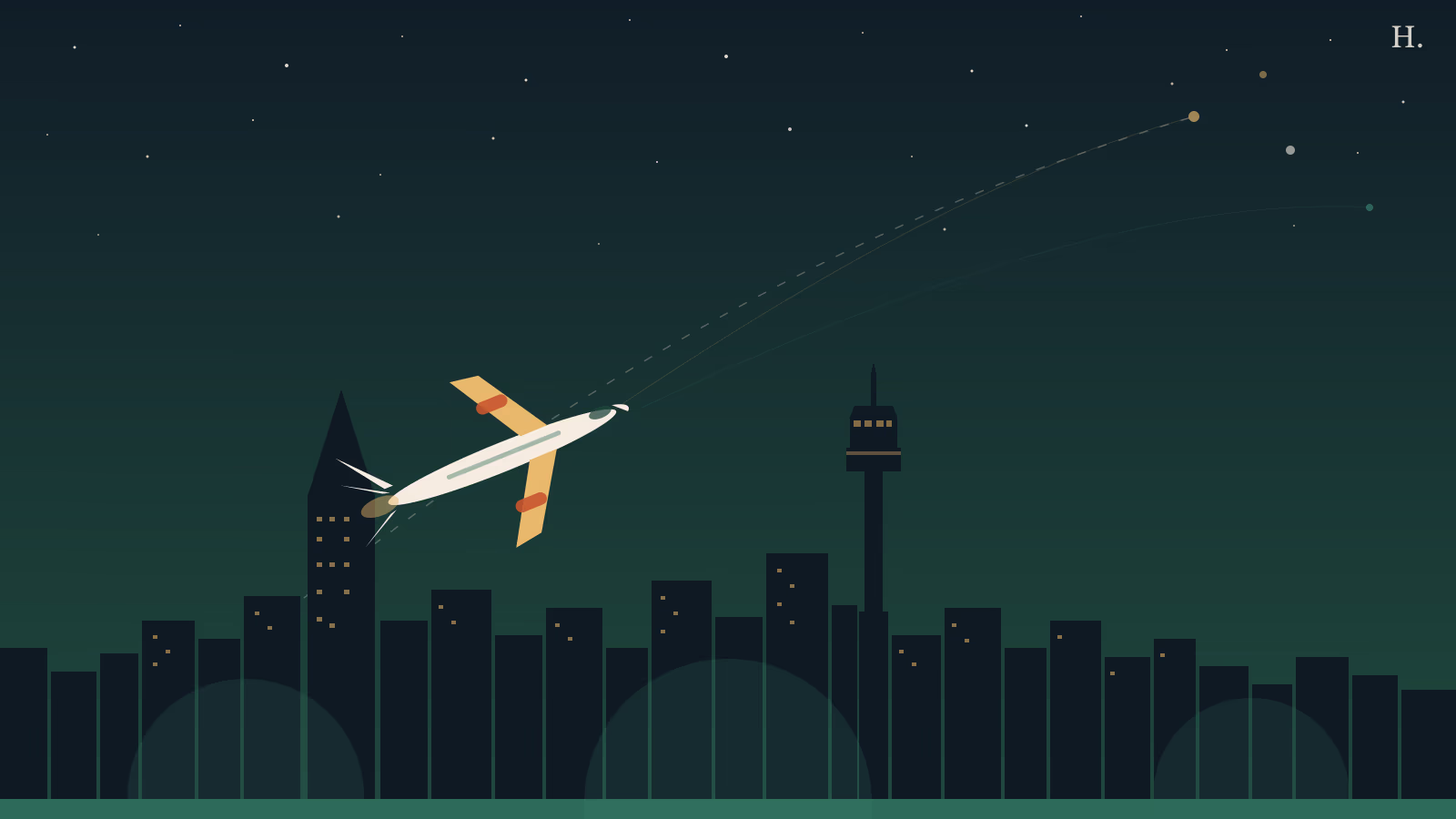 Direct flights from Houston: airliner ascending at night above downtown skyline and airport control tower