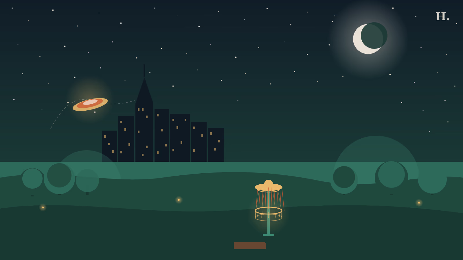Disc golf in Houston: flying disc and metal basket against the night skyline