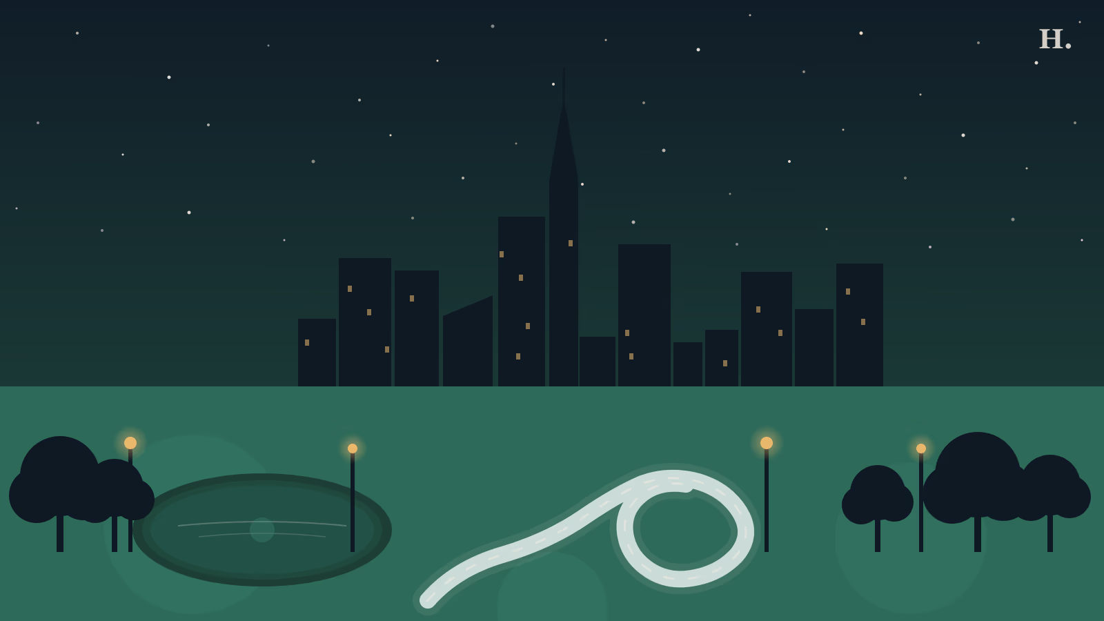 Discovery Green Houston night illustration: ice ribbon, Kinder Lake and downtown skyline