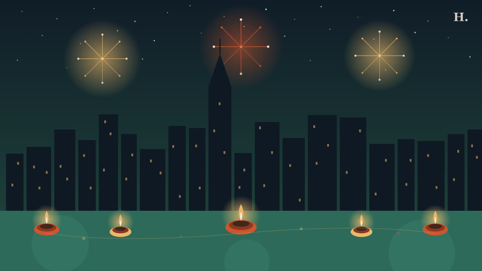 Diwali Houston night scene with glowing diyas fireworks and skyline silhouette