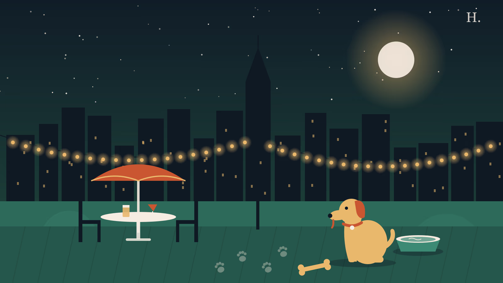 Dog friendly restaurants Houston illustration: a dog with a water bowl on a string-lit patio