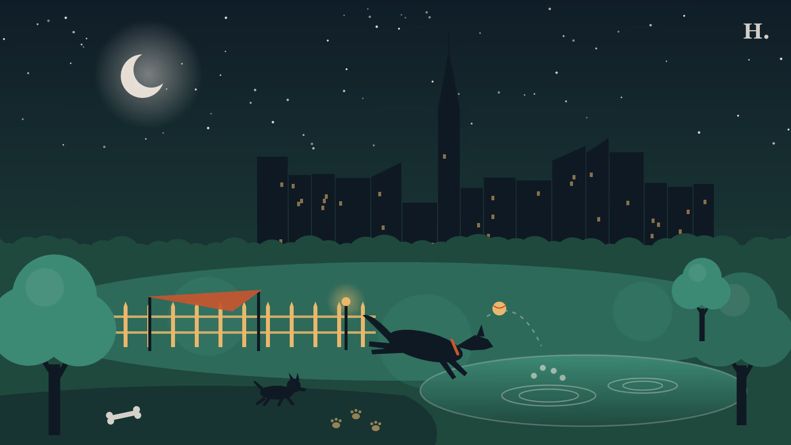 Dog parks Houston illustration: dogs leaping into a pond beside a fenced park below the skyline