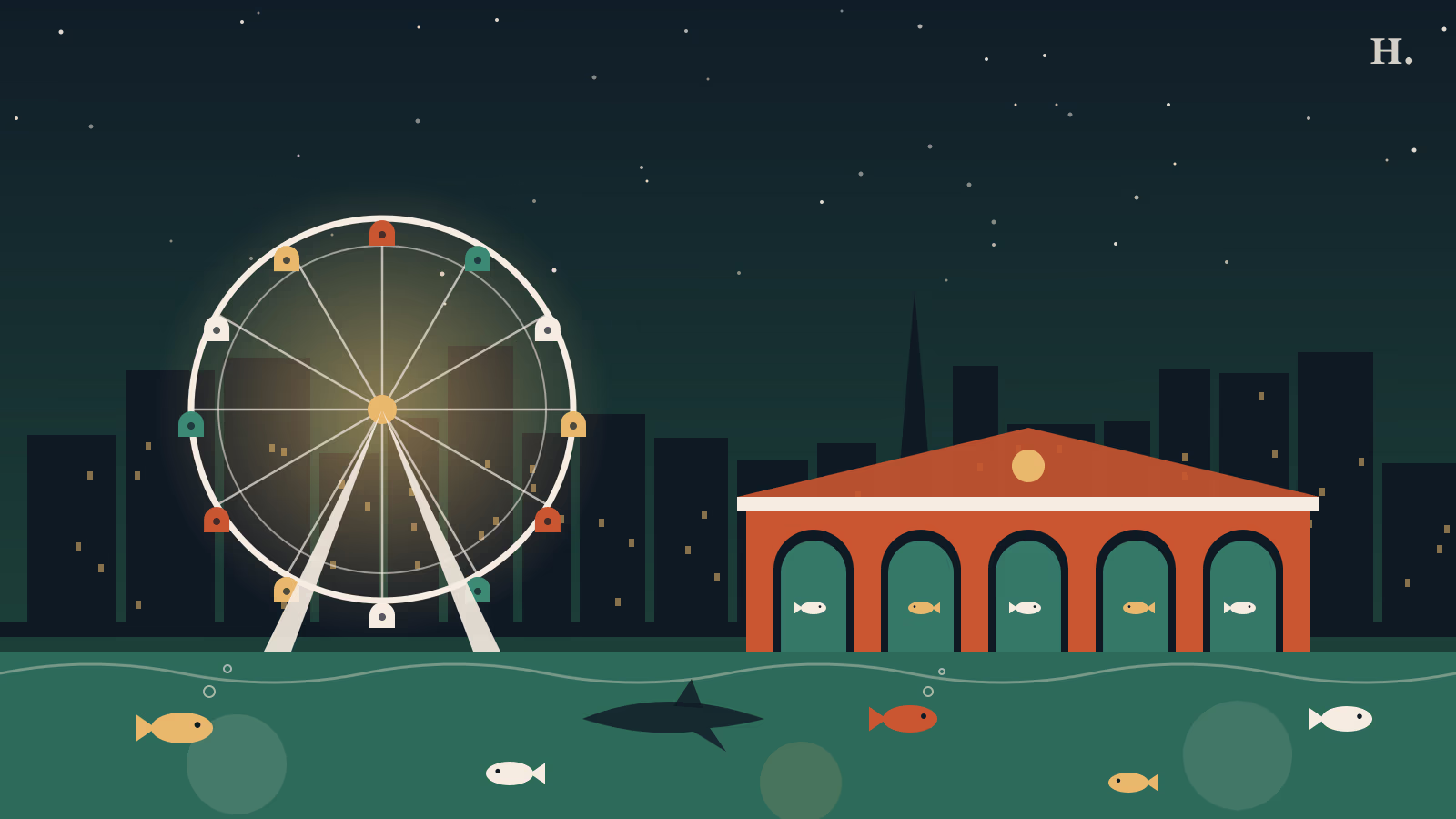 Downtown Aquarium Houston illustration with Ferris wheel, arched aquarium building and fish at night