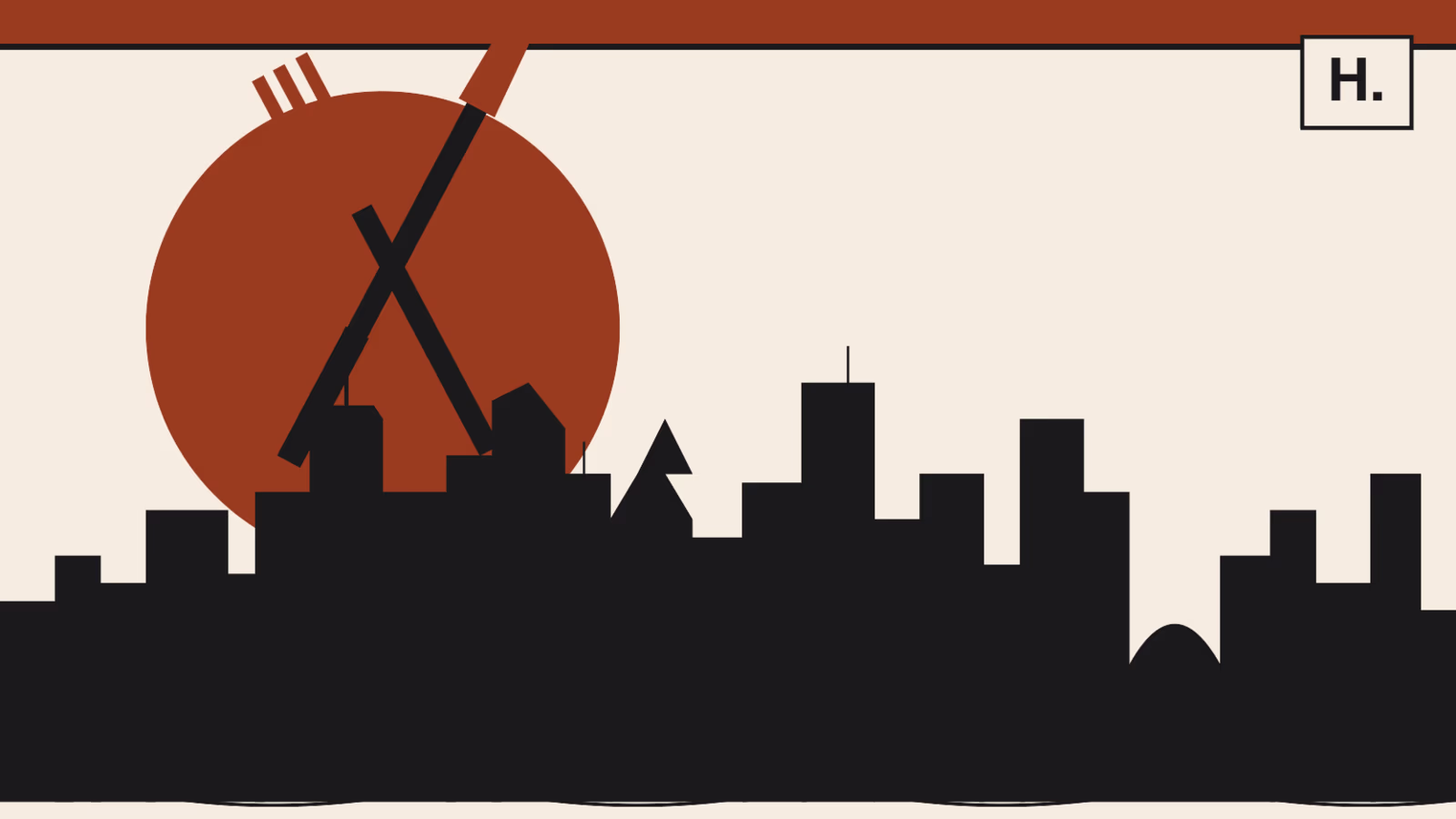 Fork and knife with plate motif over Downtown Houston skyline for best restaurants guide