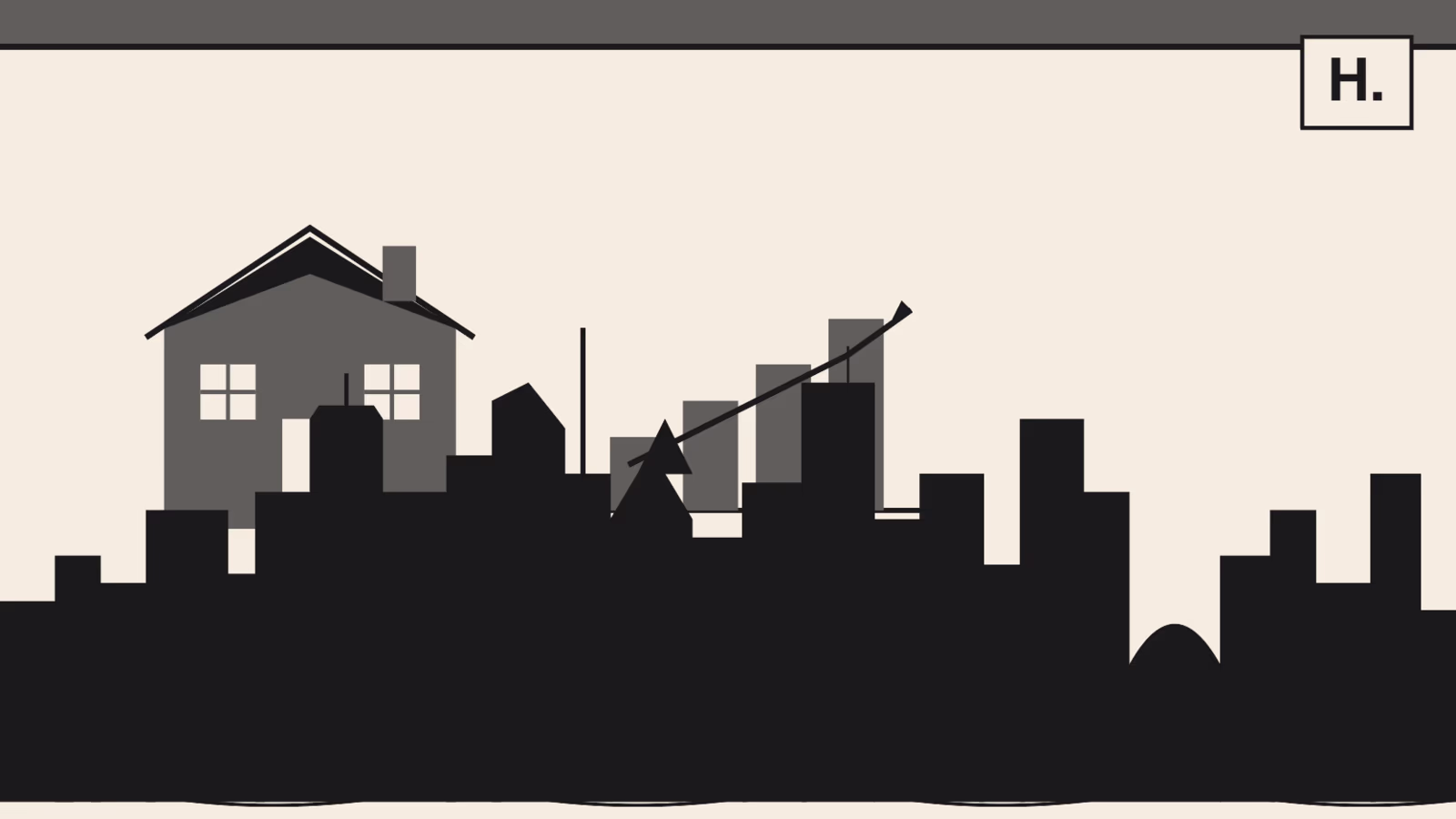 Townhome icon with rising bar chart and Downtown Houston skyline for condo market trends