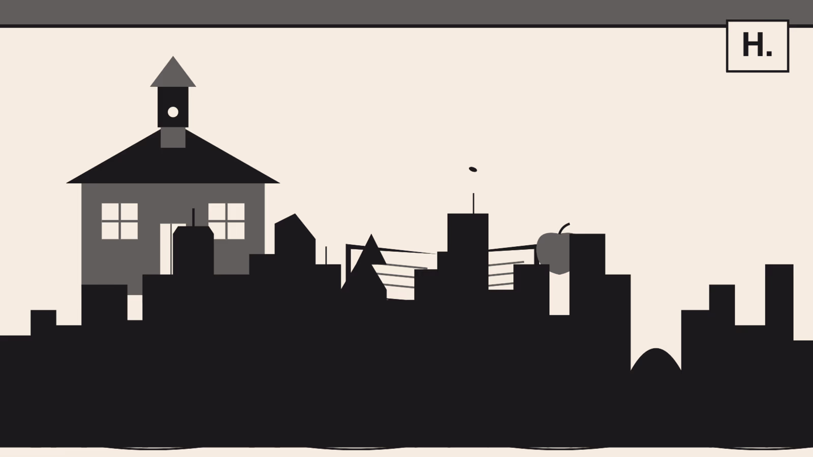 Schoolhouse with open book and apple icon and Downtown Houston skyline for schools parent guide