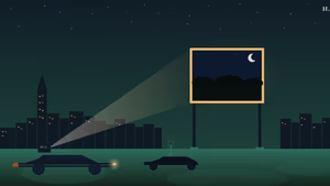Outdoor movies Houston: classic car silhouette facing a gold-framed drive-in screen under a starry night skyline