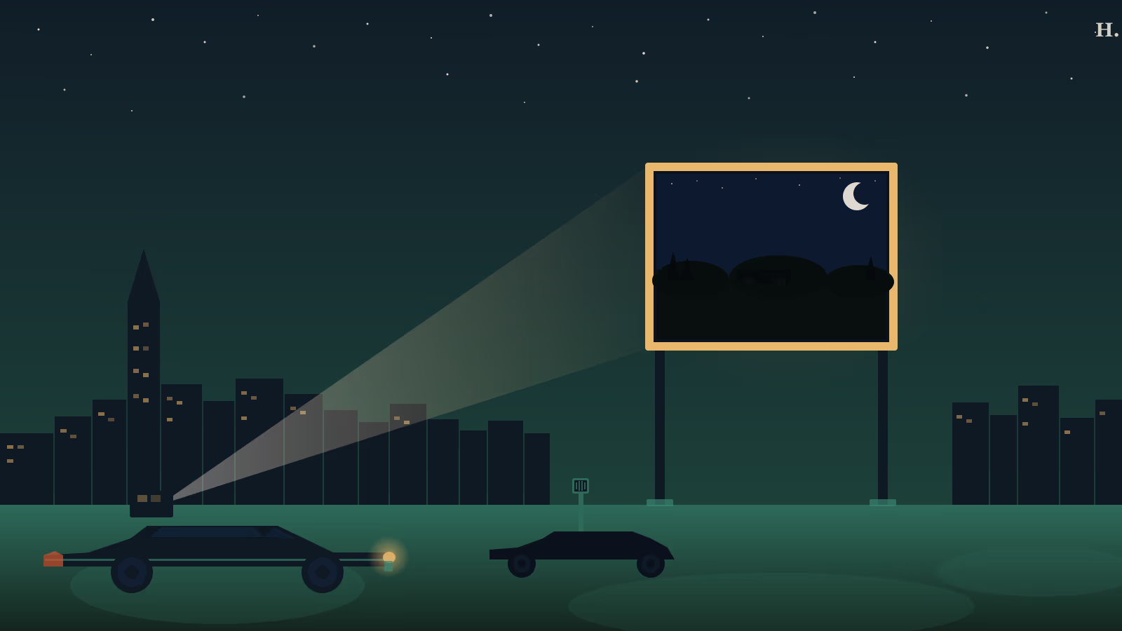 Outdoor movies Houston: classic car silhouette facing a gold-framed drive-in screen under a starry night skyline