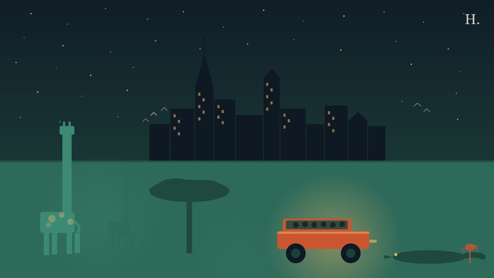 Drive-thru safari near Houston: giraffe silhouette, safari tram and Houston skyline at night