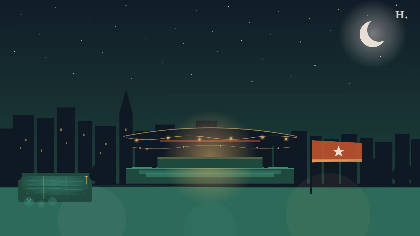Emancipation Park Houston: Blessing Theater stage, Houston skyline and night sky illustration
