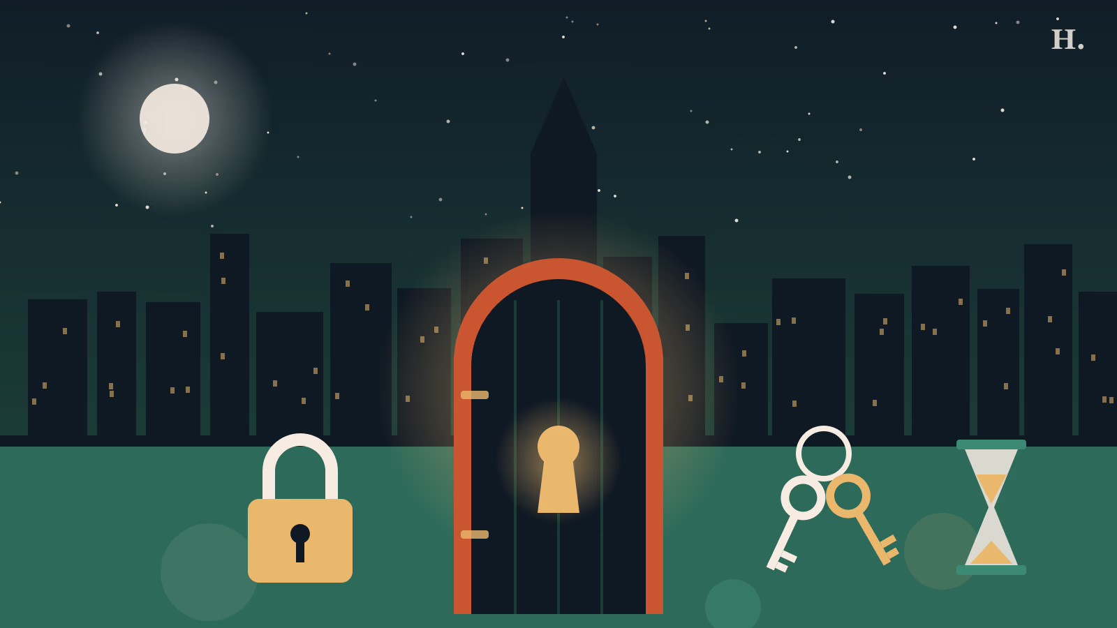 Escape rooms Houston illustration: a glowing keyhole door, padlock and keys under the skyline