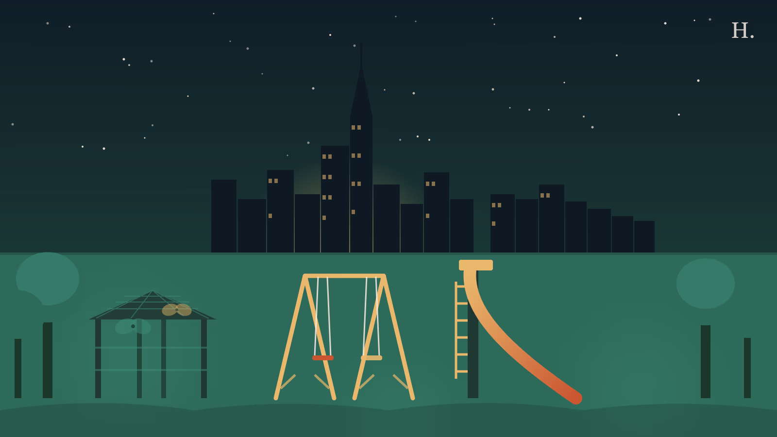 Evelyn's Park Bellaire illustration: playground swings, pavilion, trees and Houston night sky