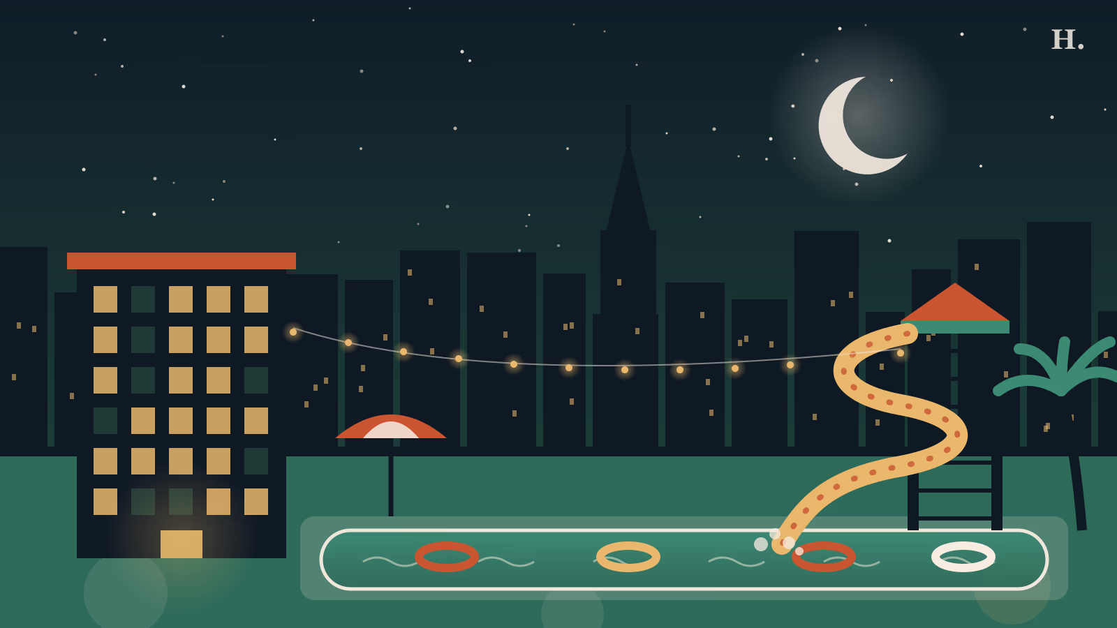 Kid friendly hotels in Houston illustration: waterslide, lazy river and hotel at night