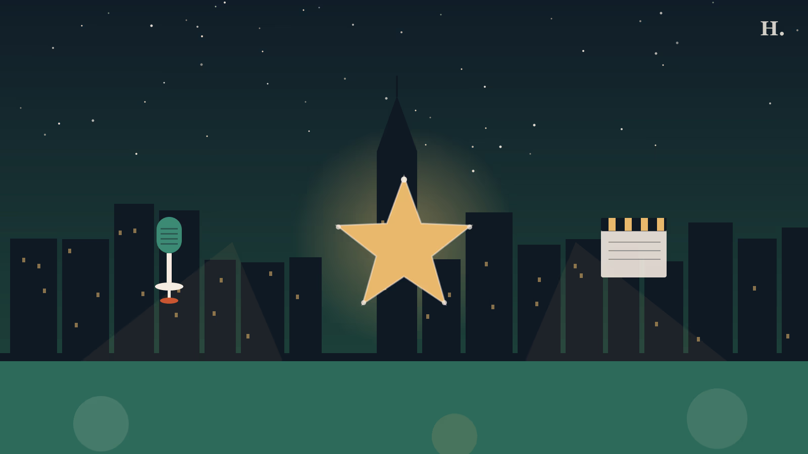 Famous people from Houston illustration: gold star over night skyline with microphone and film clapperboard