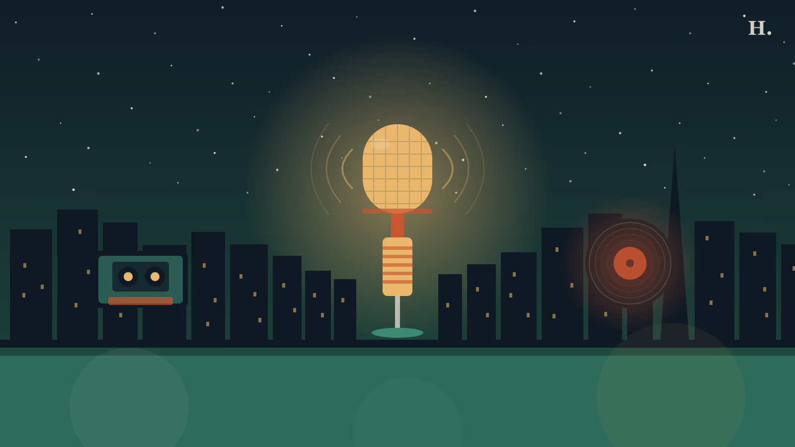 Gold vintage microphone against Houston night skyline with cassette tape and vinyl record accents, houston rappers