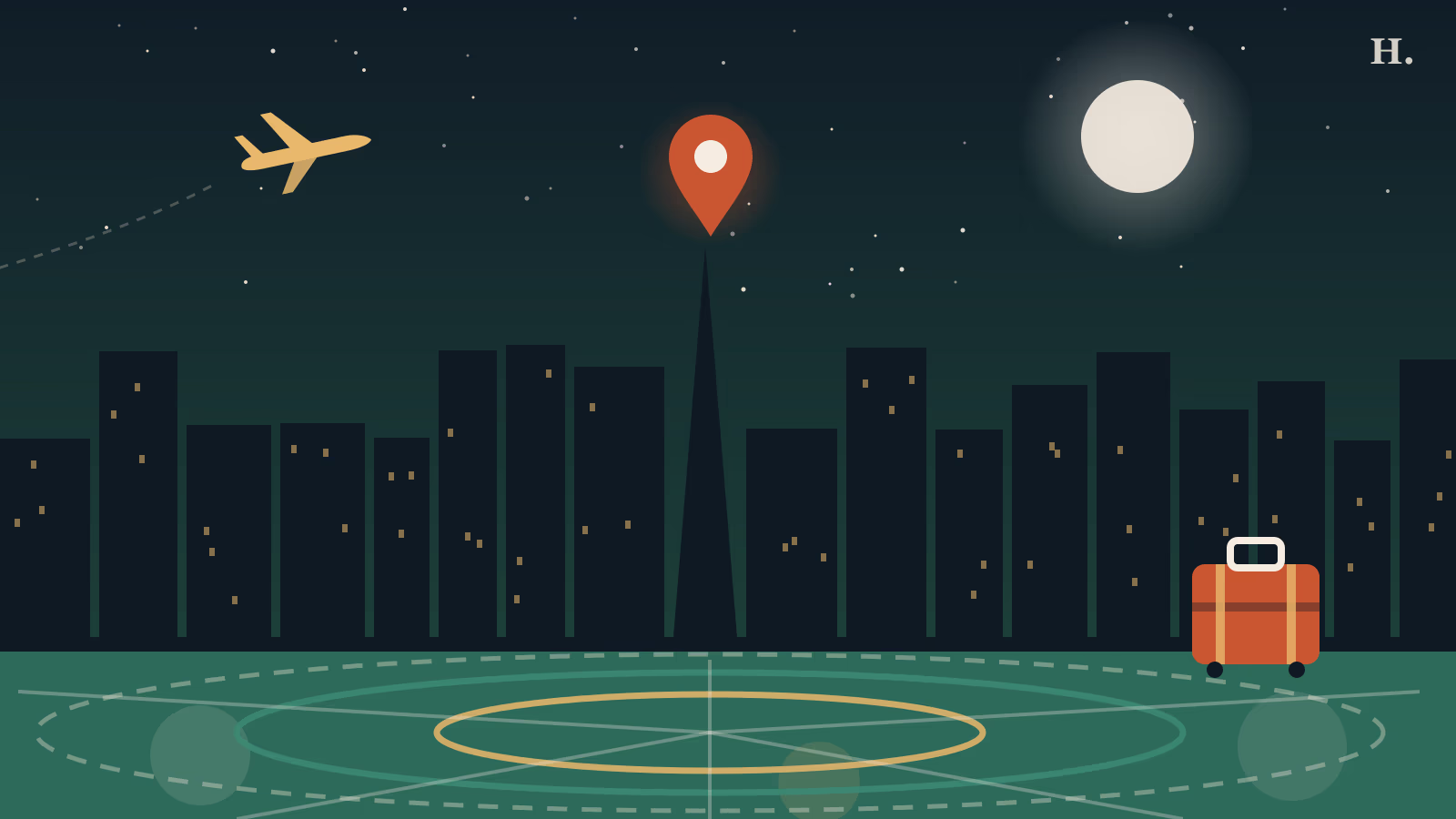 Illustration of a map pin over the Houston skyline with loop roads, a plane and a suitcase for a first time in Houston guide