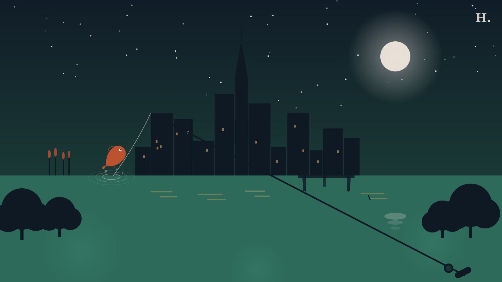 Fishing spots in Houston illustration: a fishing rod casting over a bayou lake at night with the downtown Houston skyline silhouetted behind