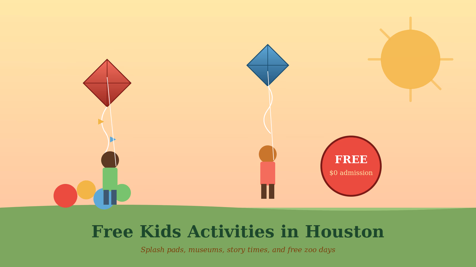 Stylized kids flying red and blue kites with sun and free admission badge illustrating free kids activities in Houston guide