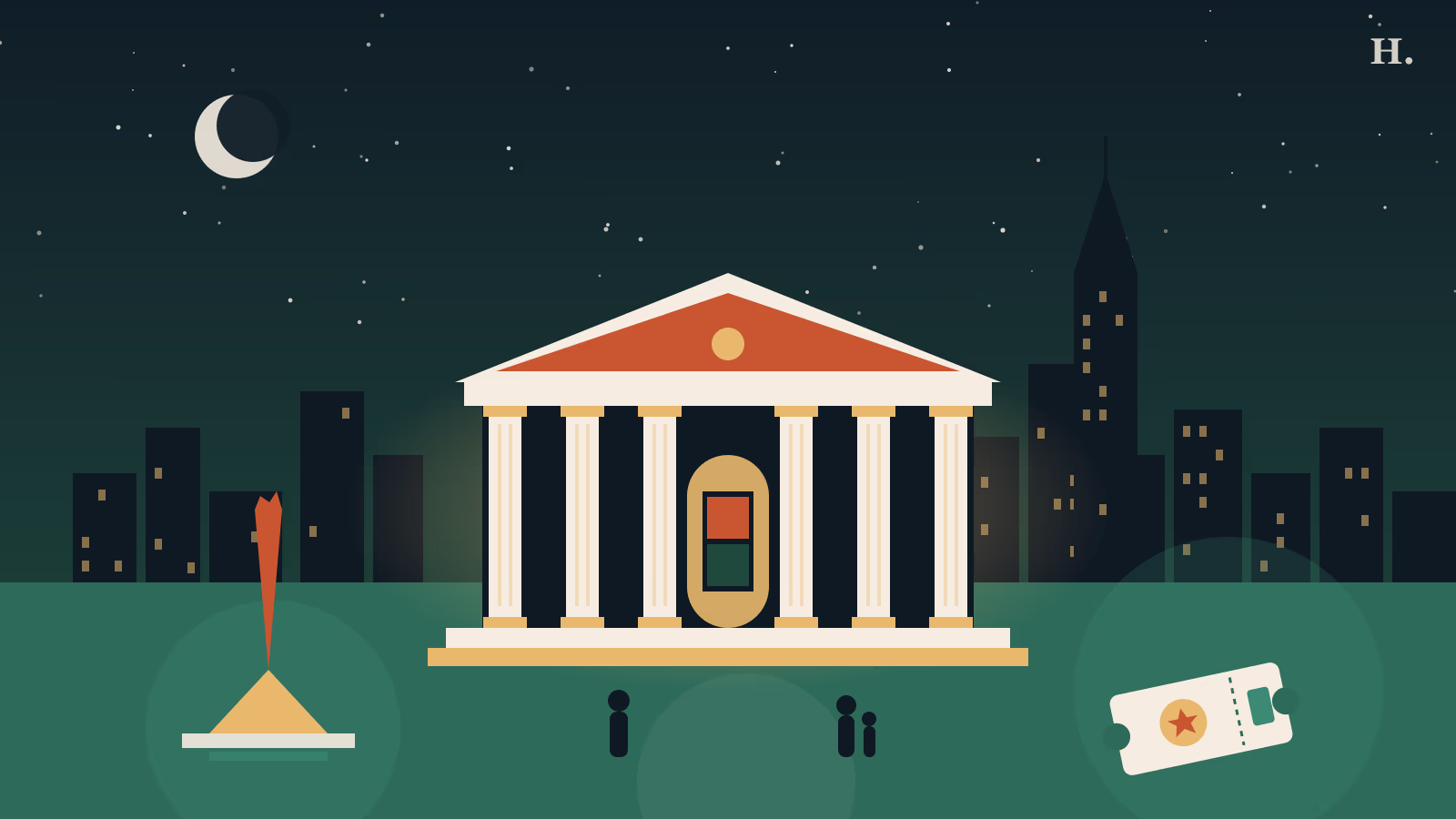 Illustrated museum facade at night for a guide to free museums in Houston