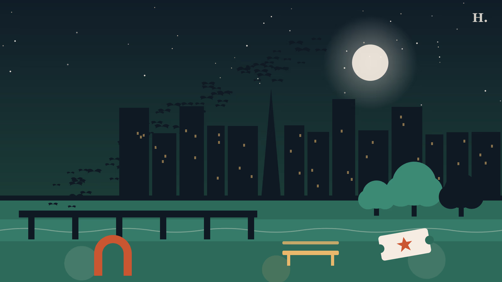 Free things to do in Houston illustration with bats over Buffalo Bayou bridge, park trees and skyline
