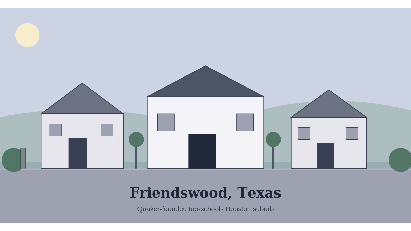 Illustration of Friendswood Texas neighborhood with traditional and modern homes and a park