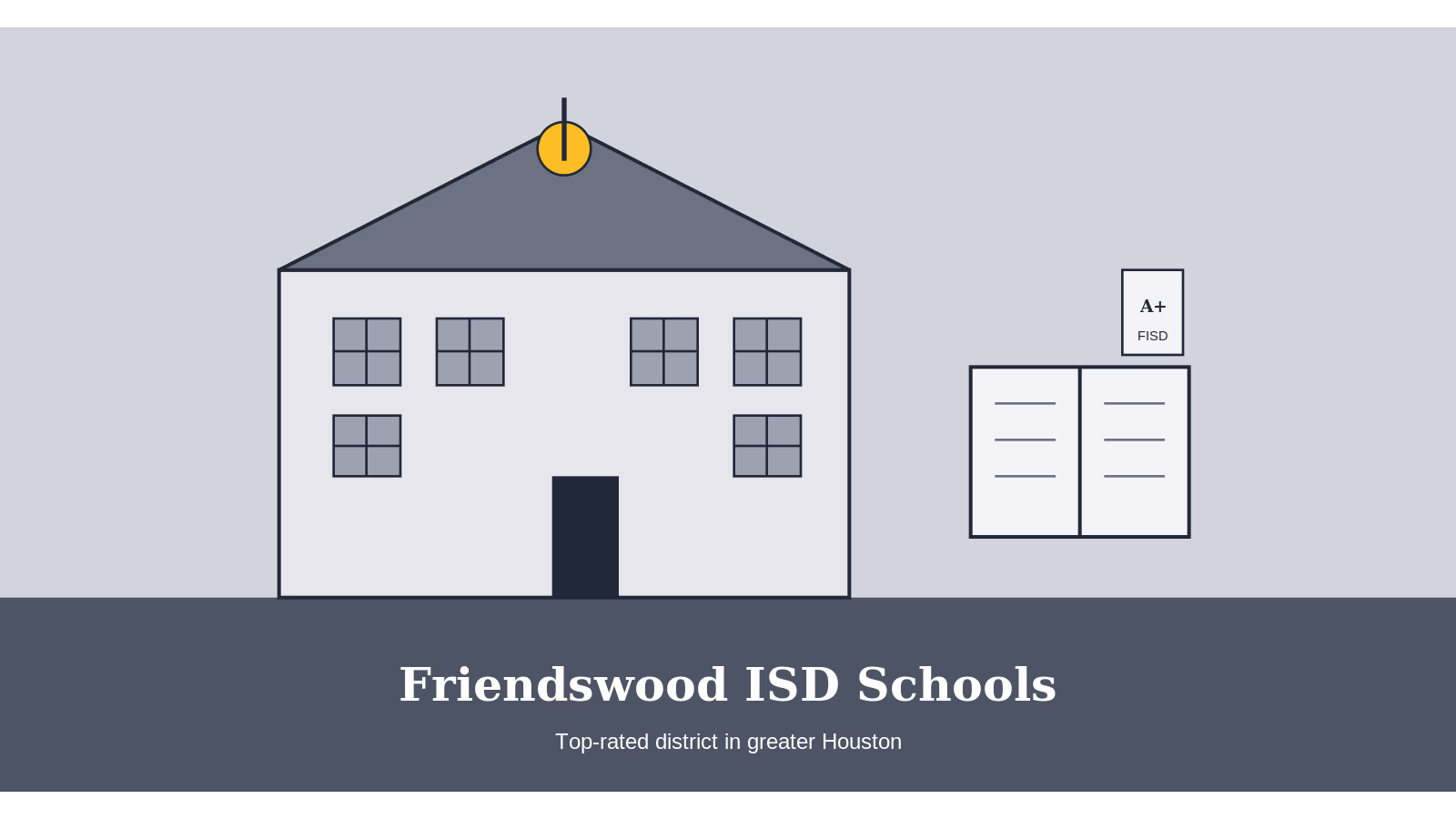 Illustration of a top-rated Friendswood ISD schoolhouse with classroom windows and an open book