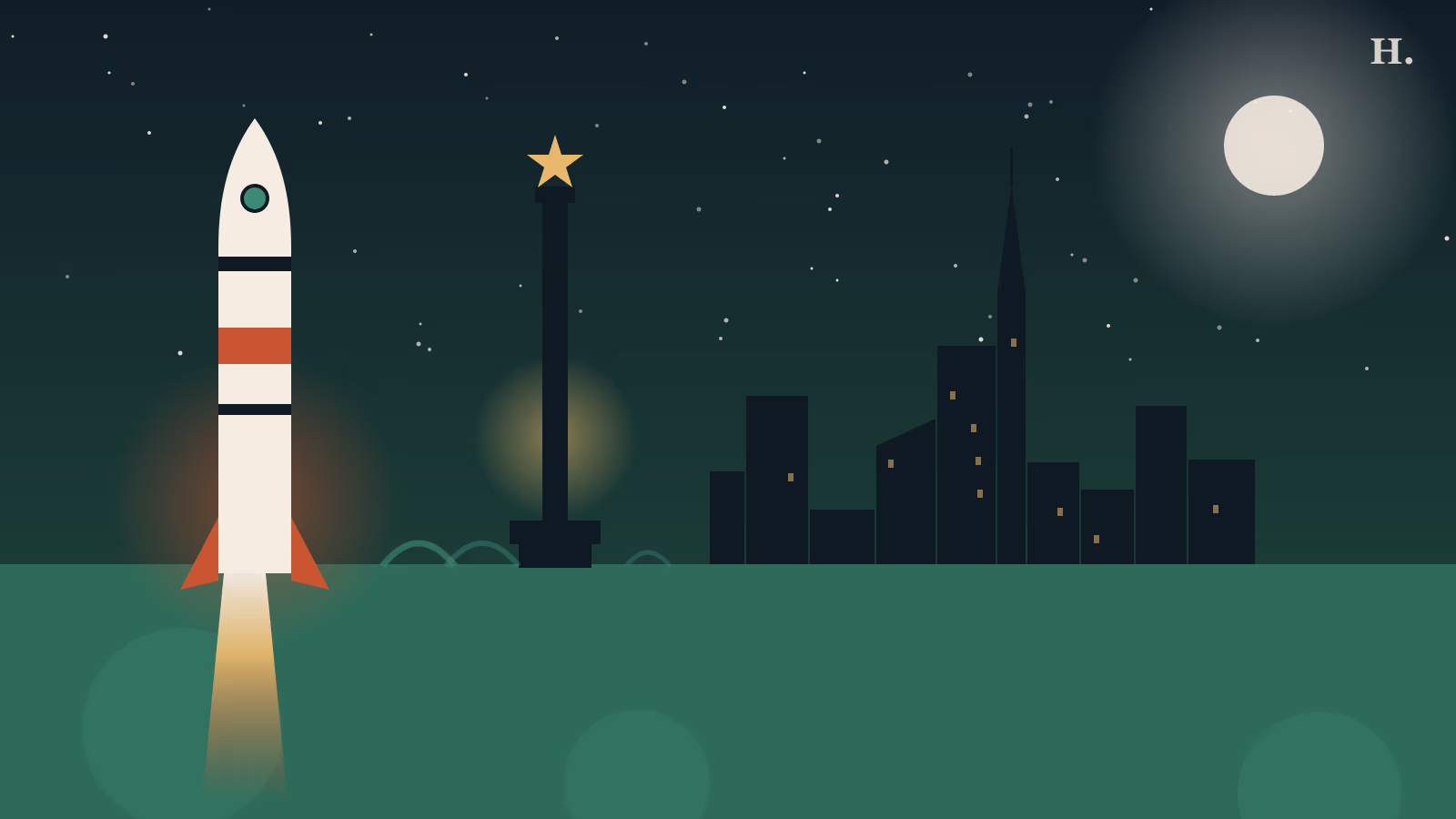 Fun facts about Houston illustration: rocket ascending, star-topped monument, and downtown skyline at night