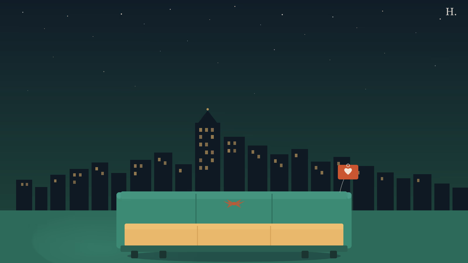 Houston furniture donation pickup illustration: sofa with donation tag against the city skyline at night
