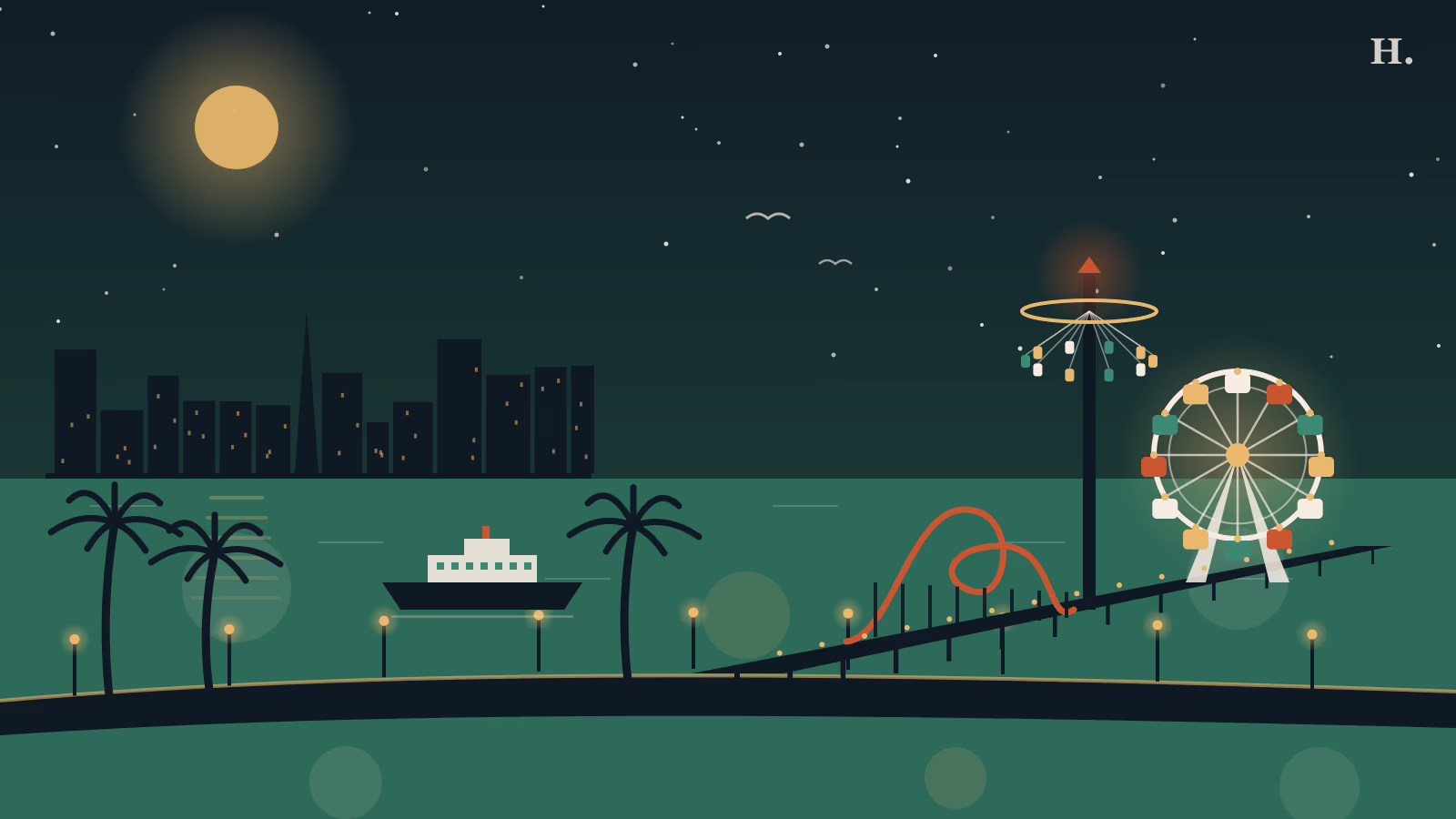 Illustration of a Galveston day trip: Seawall, Pleasure Pier rides and ferry at night