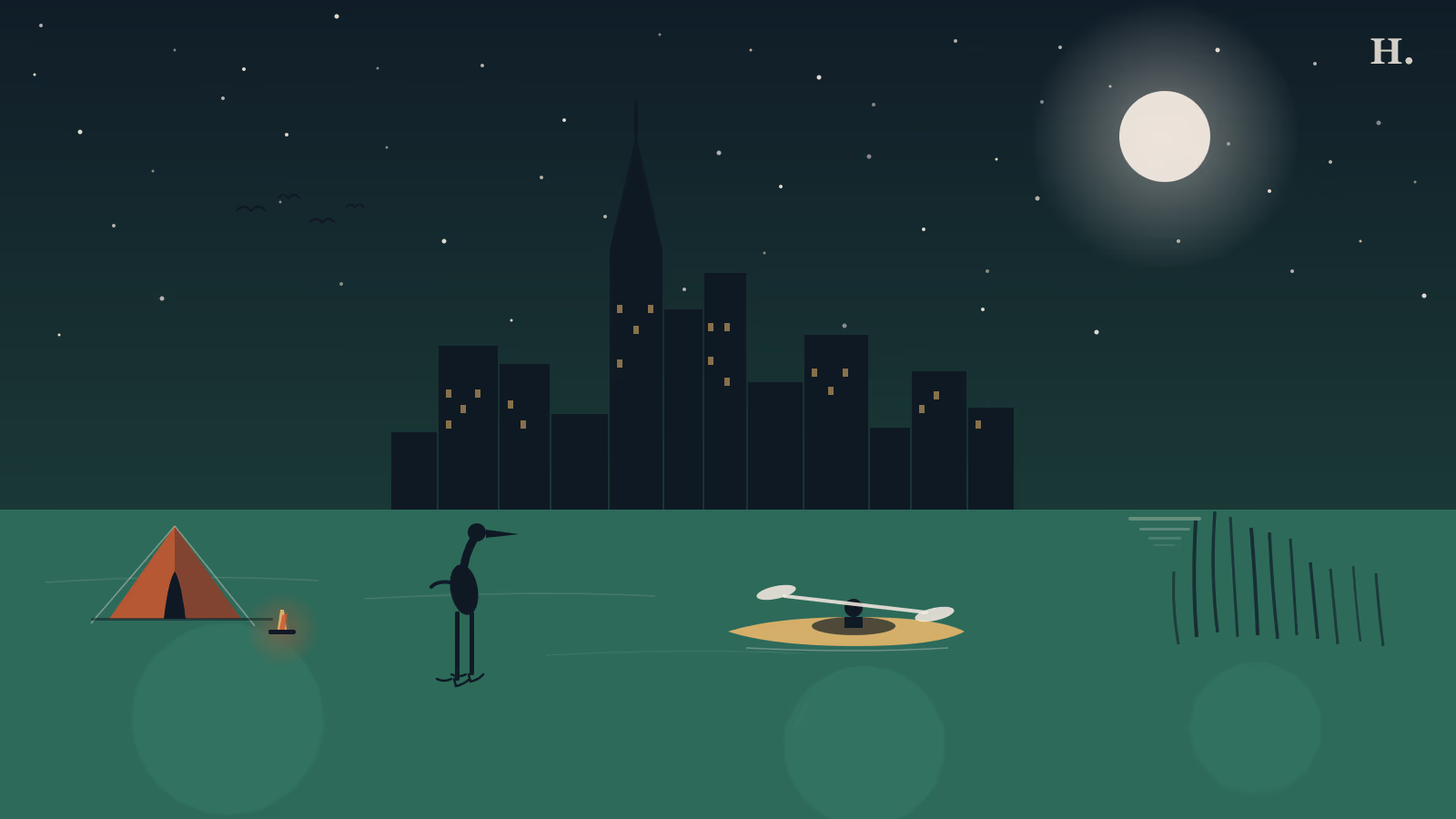Galveston Island State Park at night: orange tent on beach, heron in bay marsh, kayaker on calm water, Houston skyline silhouette