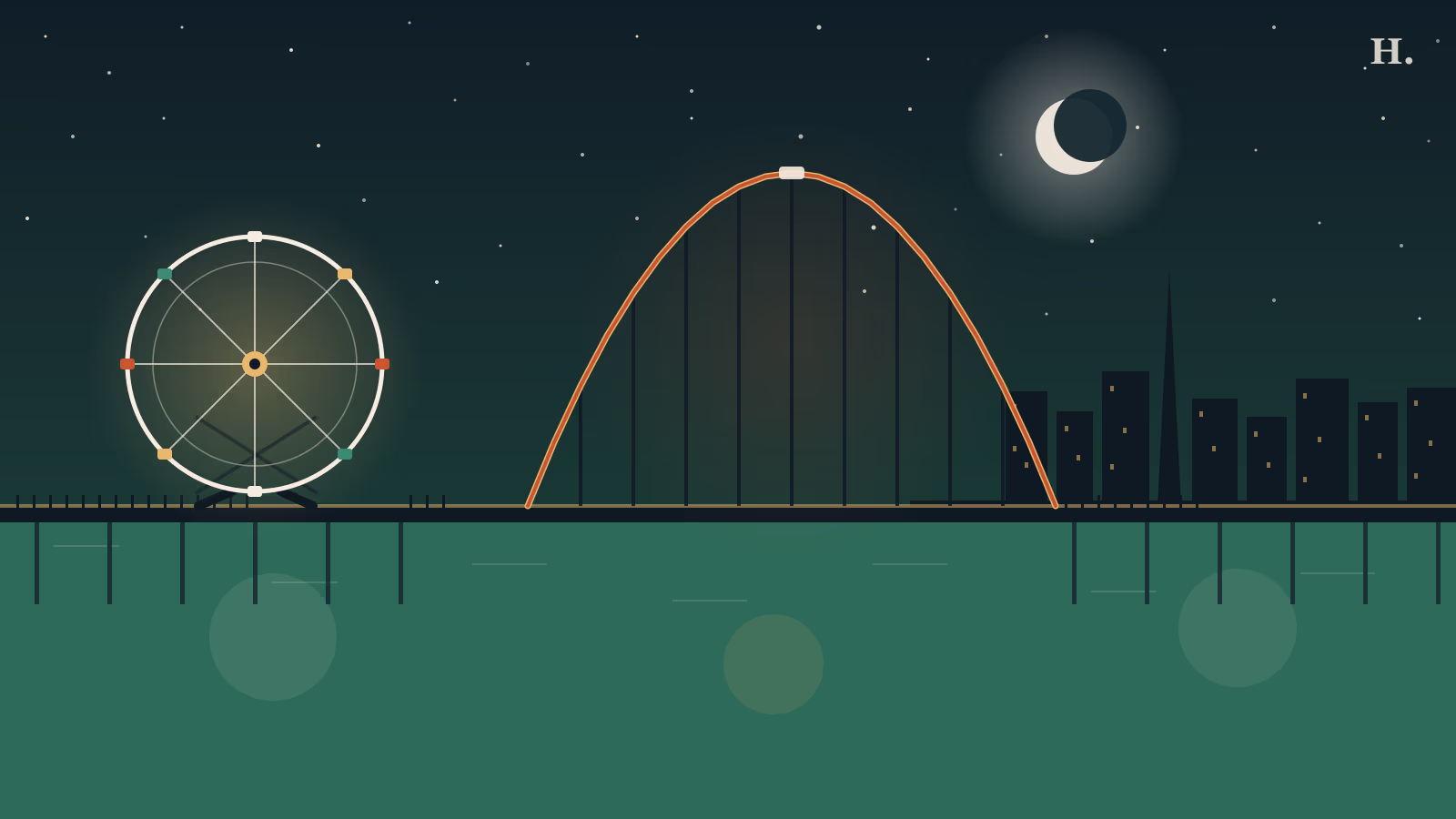 Galveston Island Historic Pleasure Pier illustration: Ferris wheel and roller coaster arch over the Gulf of Mexico at night