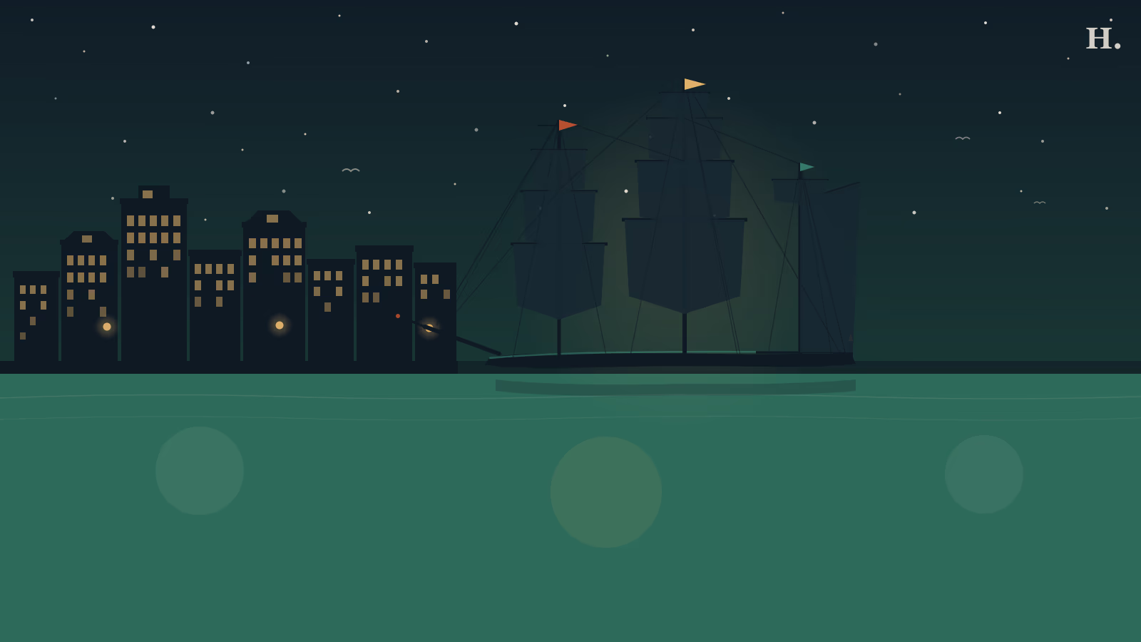 Galveston Strand illustration: 1877 tall ship Elissa with full sails beside Victorian cast-iron facades at night