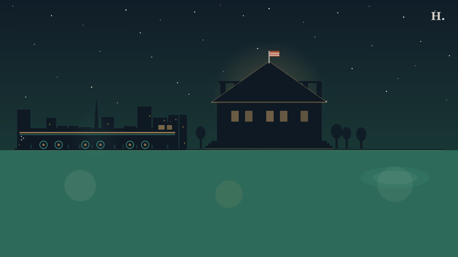 George Bush Presidential Library neoclassical columns and Locomotive 4141 under a Houston night sky