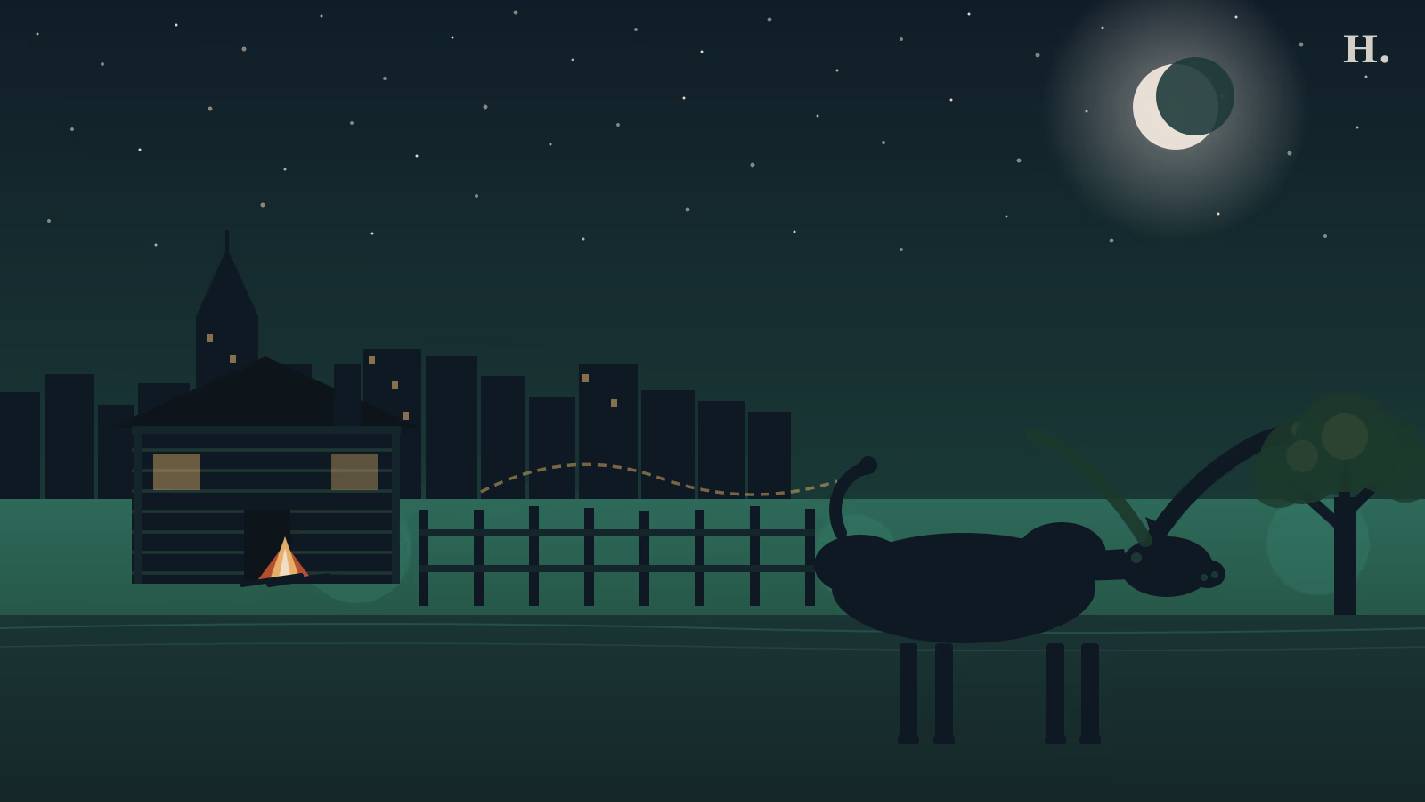 George Ranch Historical Park illustration: log cabin, longhorn cattle, and Texas ranch landscape under a night sky