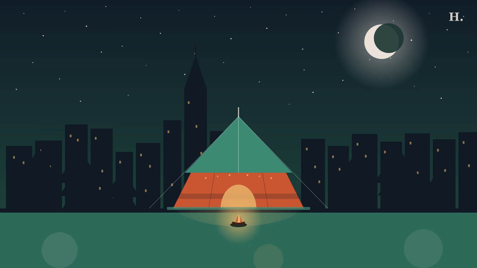Glamping near Houston illustration: safari tent under a star-filled sky with the Houston skyline silhouetted behind and trees on either side
