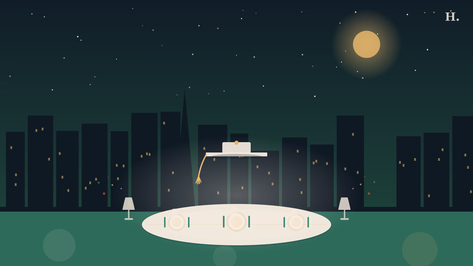 Graduation dinner in Houston illustration: mortarboard cap above a set dinner table with champagne flutes and Houston skyline at night