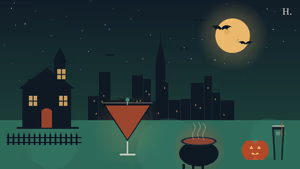 Halloween bars Houston illustration: martini glass, smoking cauldron, jack-o-lantern under a full moon over the Houston skyline
