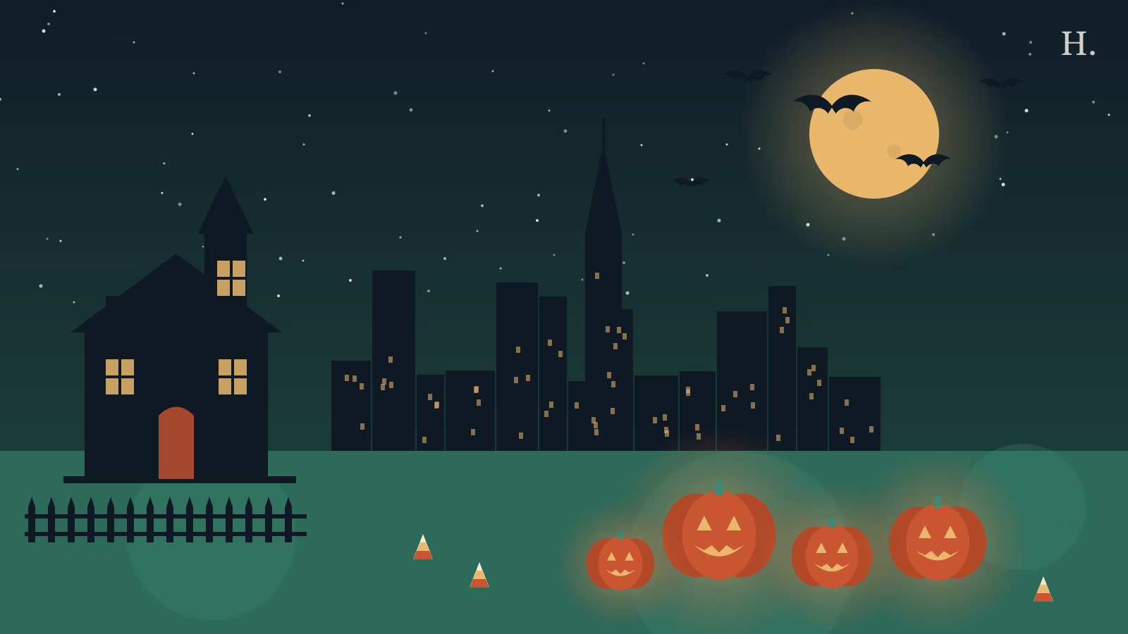 Halloween events in Houston illustration: jack-o'-lanterns, haunted house and bats before the downtown skyline