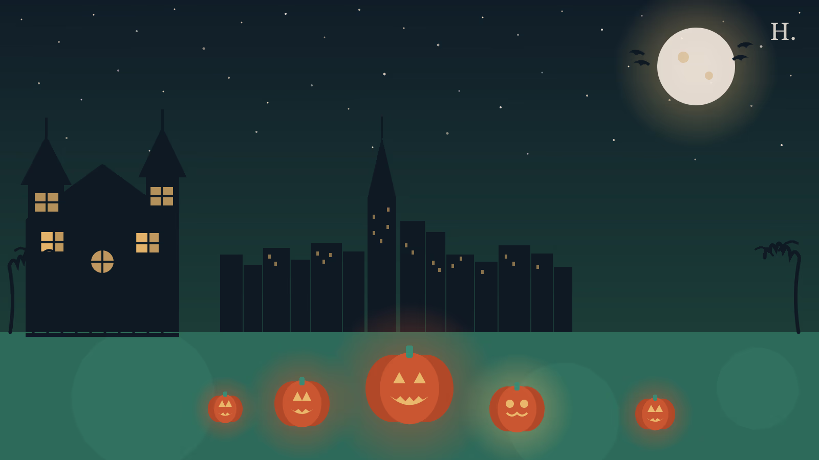 Haunted houses in Houston illustration: jack-o-lanterns and a haunted house silhouette against a night sky with the Houston skyline