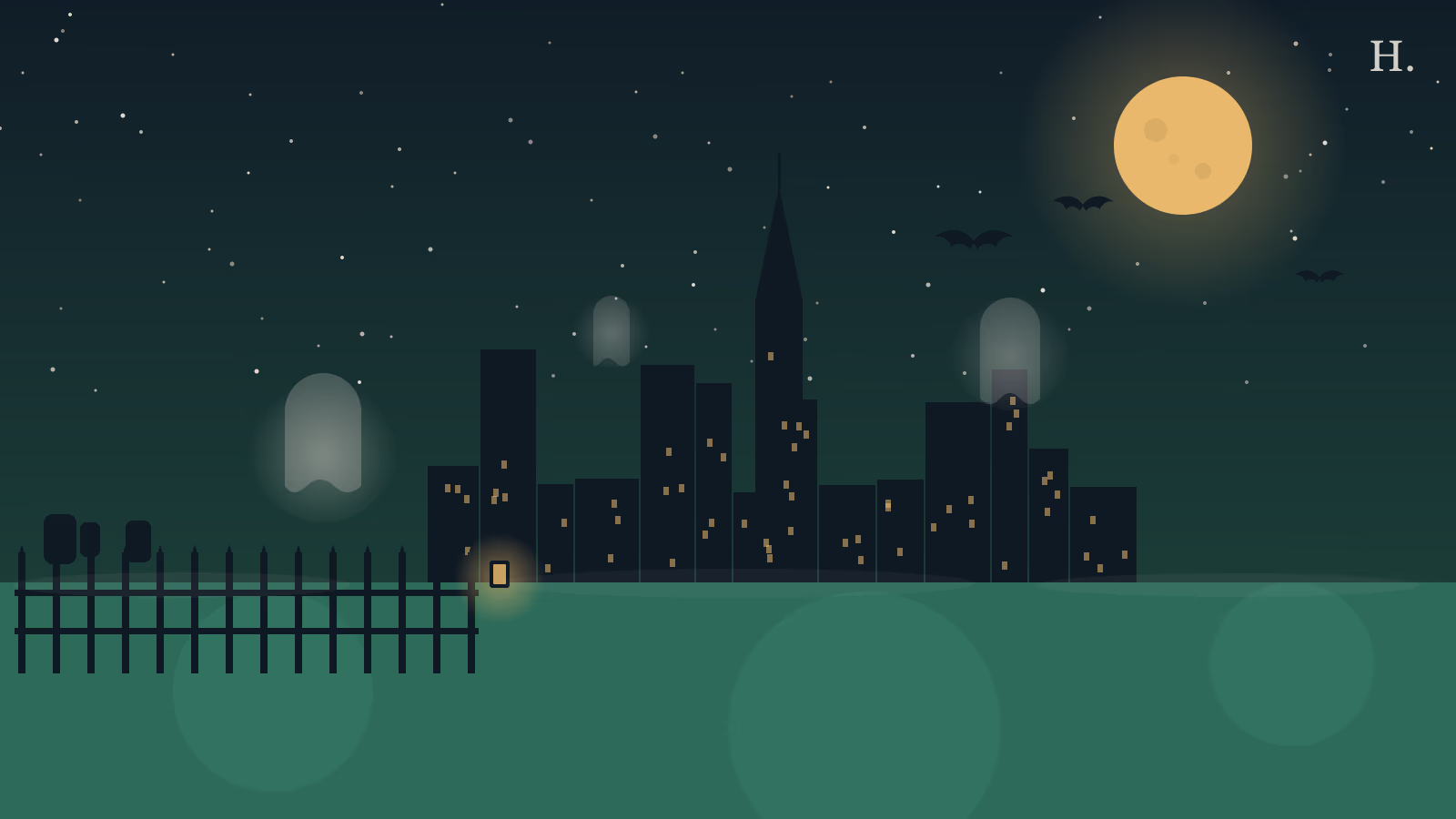 Haunted places in Houston: ghost silhouettes float over night skyline with iron cemetery fence