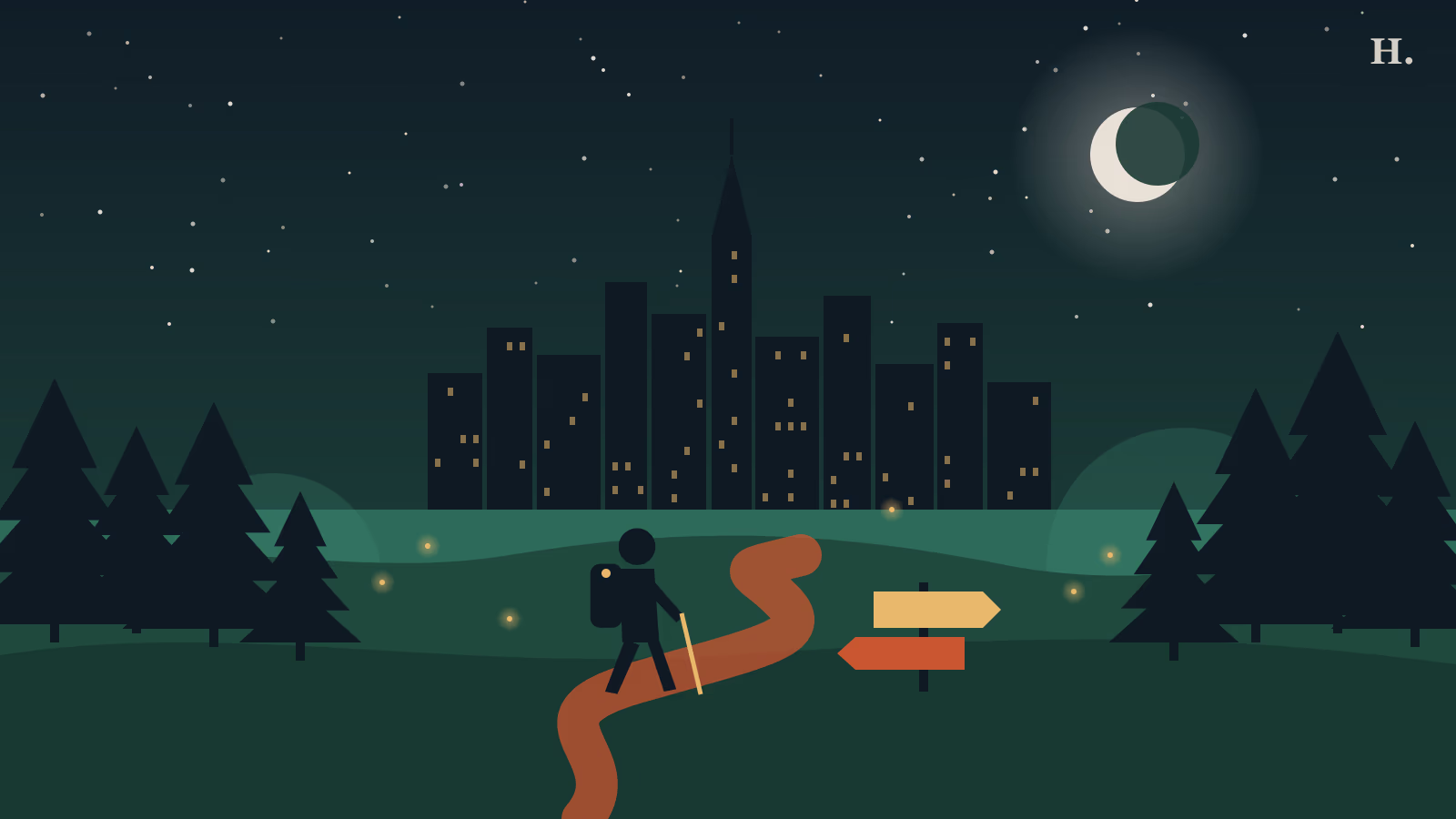Hiking trails near Houston illustration: hiker silhouette on a forest trail below the skyline