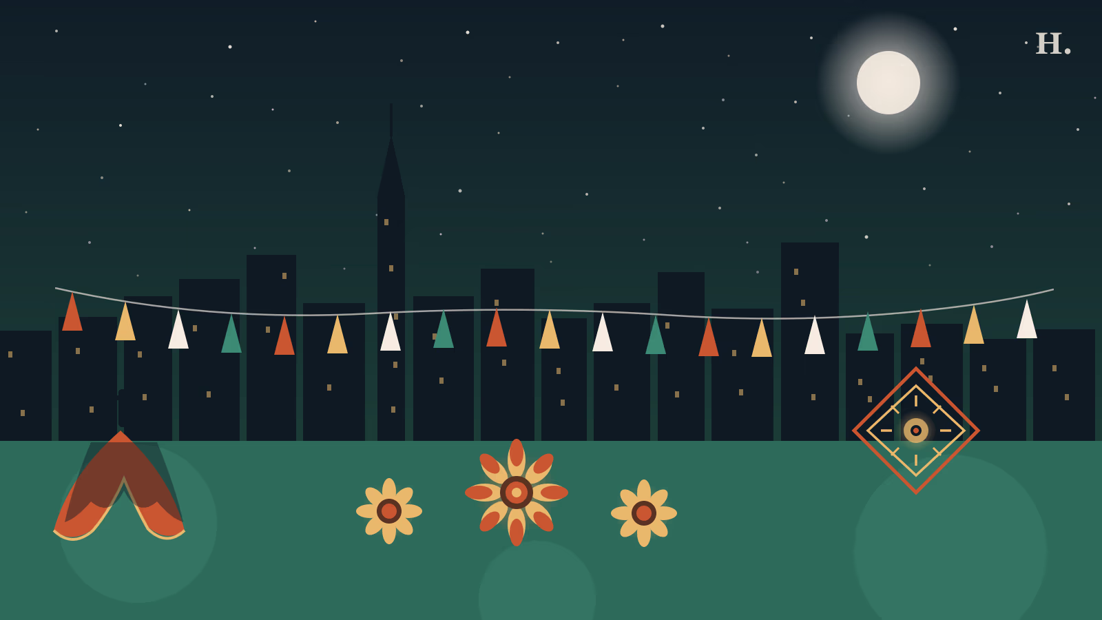 Hispanic Heritage Month Houston illustration: papel picado banners, marigold flowers, and Houston skyline at night