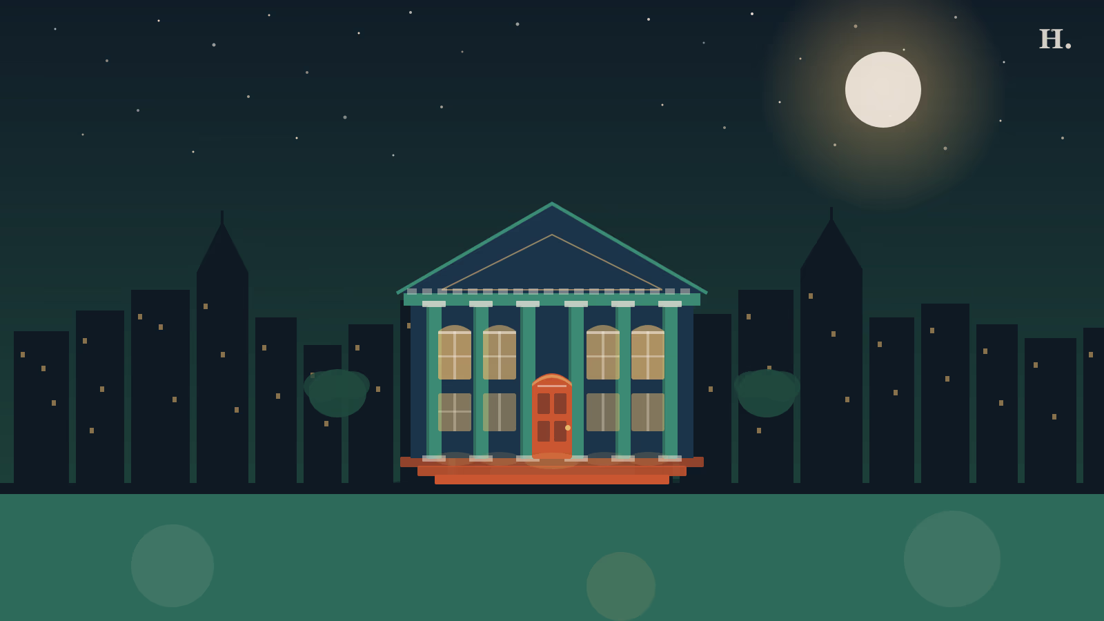 Historic homes near Houston illustration: Greek Revival columned house with warm-lit windows against a night sky skyline