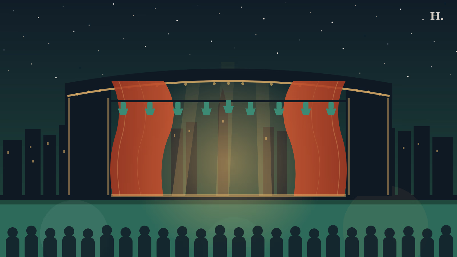 Hobby Center Houston night illustration: theater proscenium arch, stage curtains and spotlights over city skyline