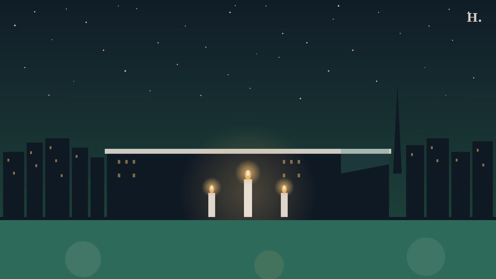 Holocaust Museum Houston illustration: three memorial candles glowing gold against a Houston night skyline